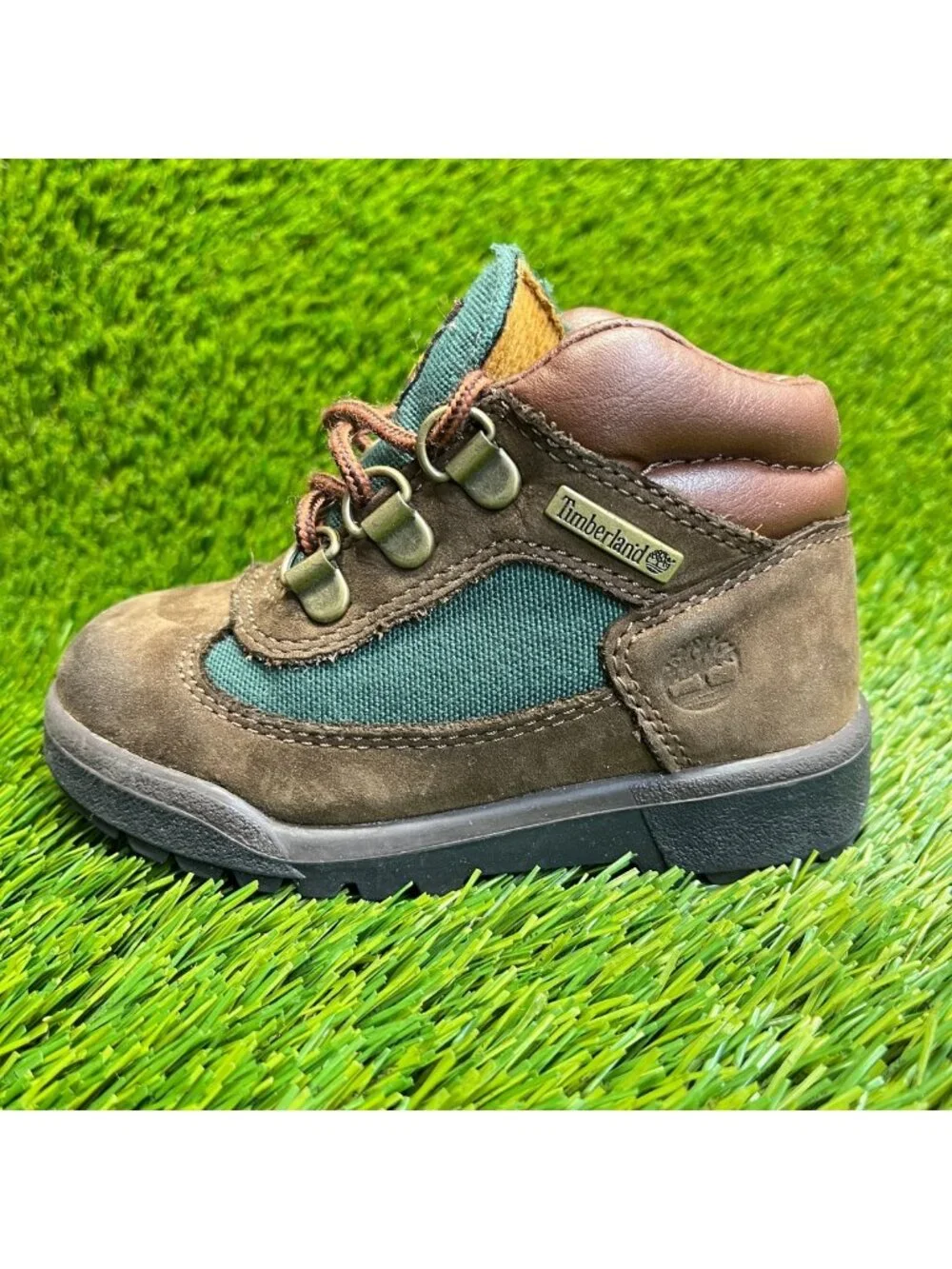 Timberland Field Boys Size 8C Brown Green Outdoor Waterproof Lace Up Ankle Boots